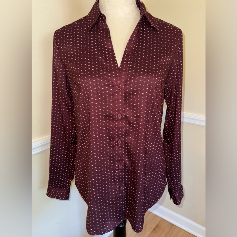 Ann Taylor Maroon Button Down Shirt Geometric Print Long Sleeve Blouse Sz S